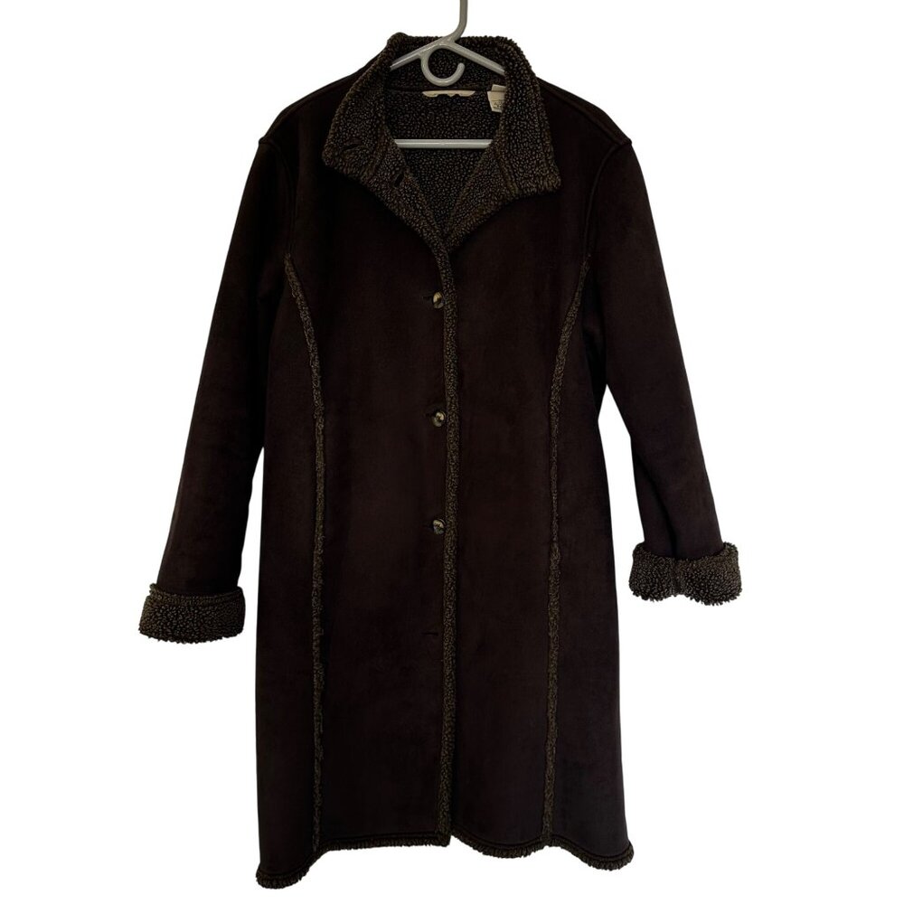 LL Bean Womens Faux Suede Penny Lane Afghan Coat Size L Sherpa Lined Outdoors